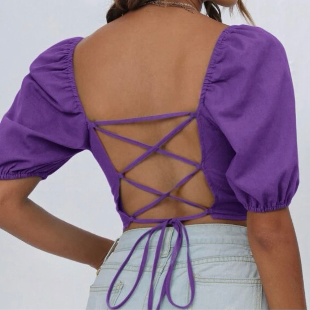 💜Lace Up Backless Puff Sleeves Top 💜